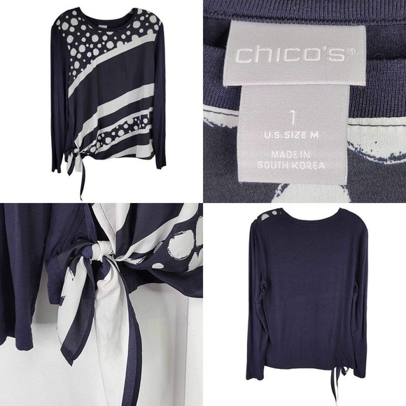 Chicos Tunic Women’s Blue White Top Size 1 US M Long Sleeve Tie Knot Nautical - Picture 1 of 9